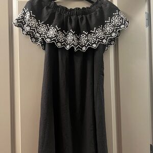 Black Off-Shoulder Dress with White Embroidery
